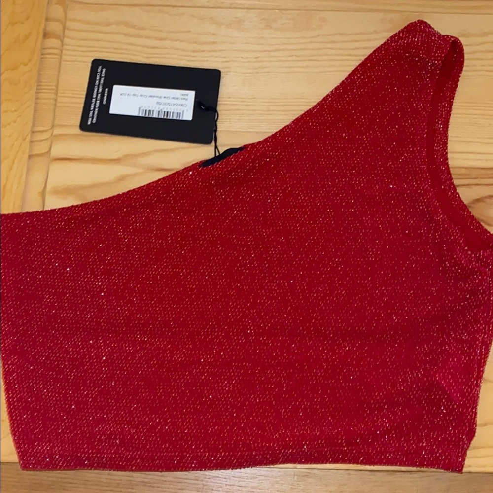 red glitter one shoulder crop top